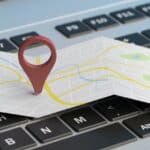 Map pointer location on a laptop. 3d illustration